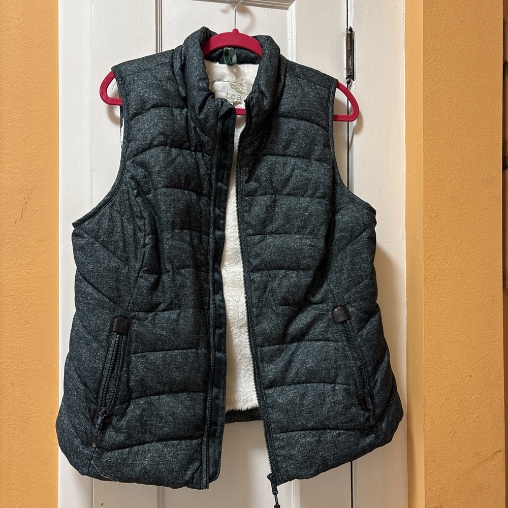 Green Tea Full Zip Puffer Vest Women's M Faux Fur Lined Forest Green Ski Gorp